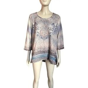 World‎ Unity Woman Paisley Crochet Lace Tunic Top Multi 0X Boho 3/4 Sleeve |E